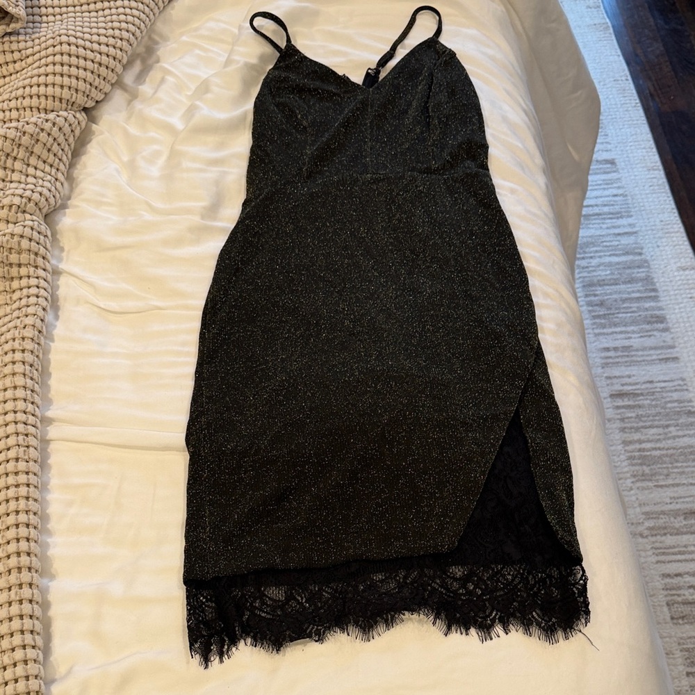 J.O.A. Black Midi Dress with Lace Trim
